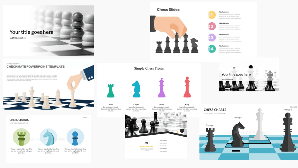 Light chess-themed slide design direction with layouts, pieces, and charts