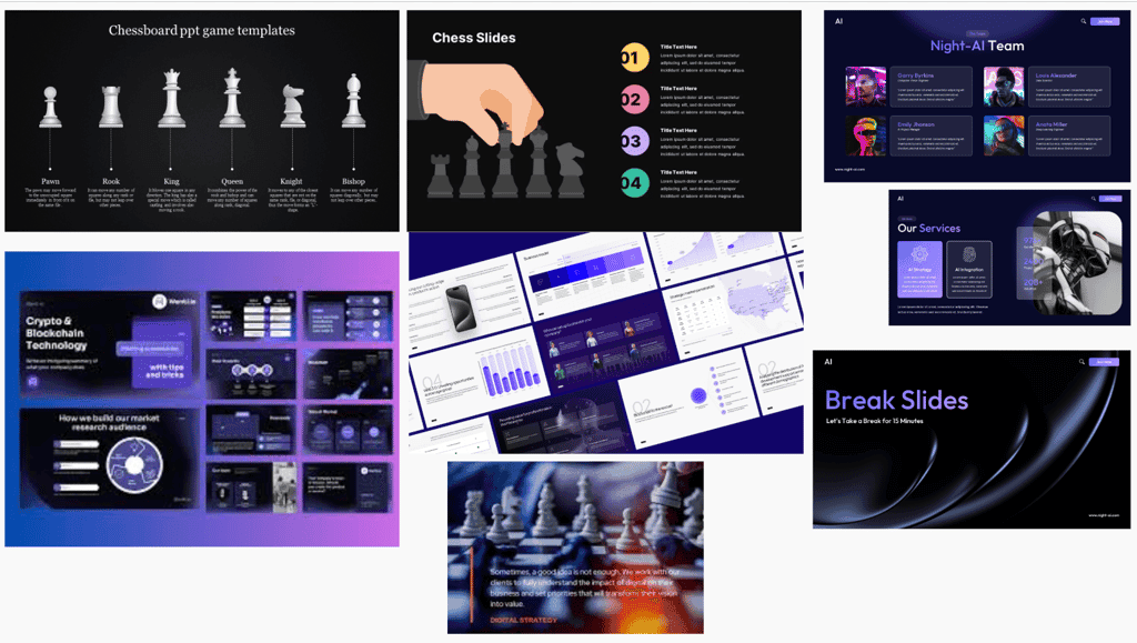 Dark and light chess-themed slide design directions with presentation examples