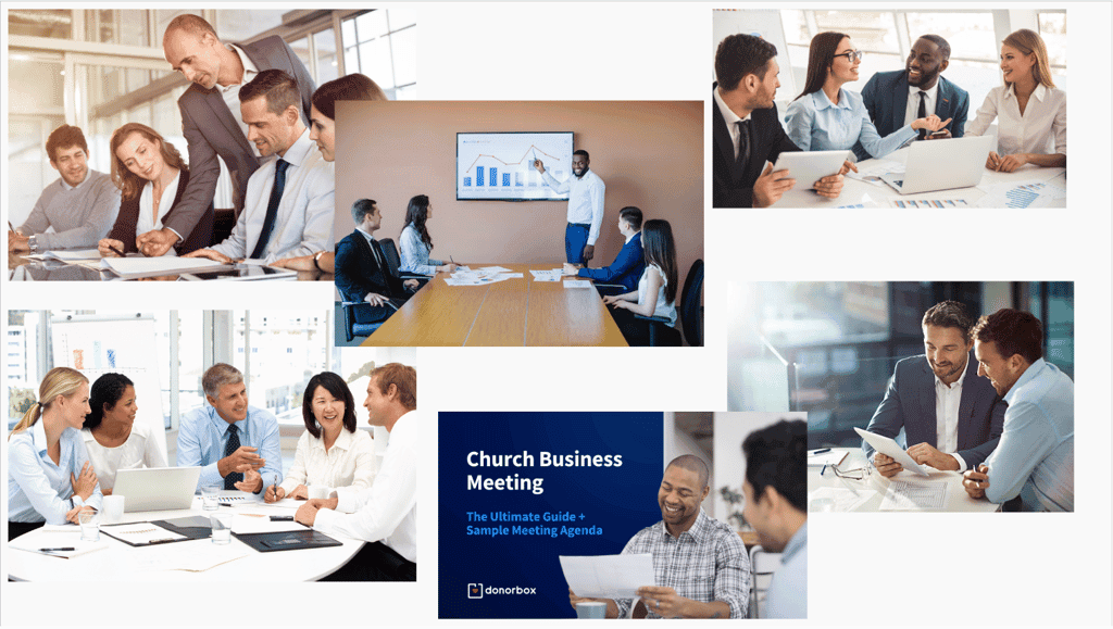 Photo-realistic corporate learning imagery mood board with workplace and meeting scenes