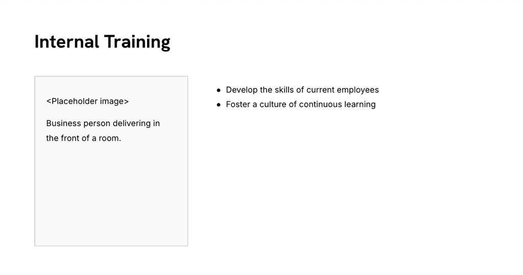 Designed activity slide explaining internal training benefits with an image placeholder