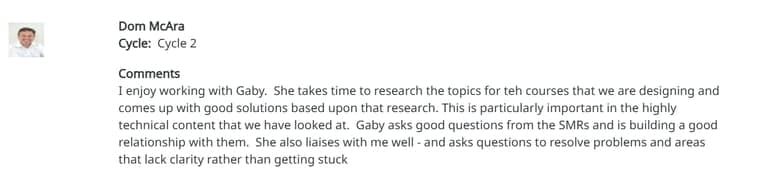 Screenshot of Dom McAra's original testimonial for Gabrielle Sun
