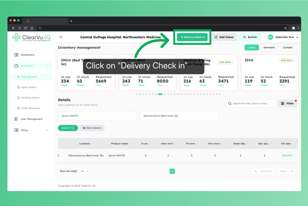ClearVu in-app tutorial highlighting the Delivery Check in action