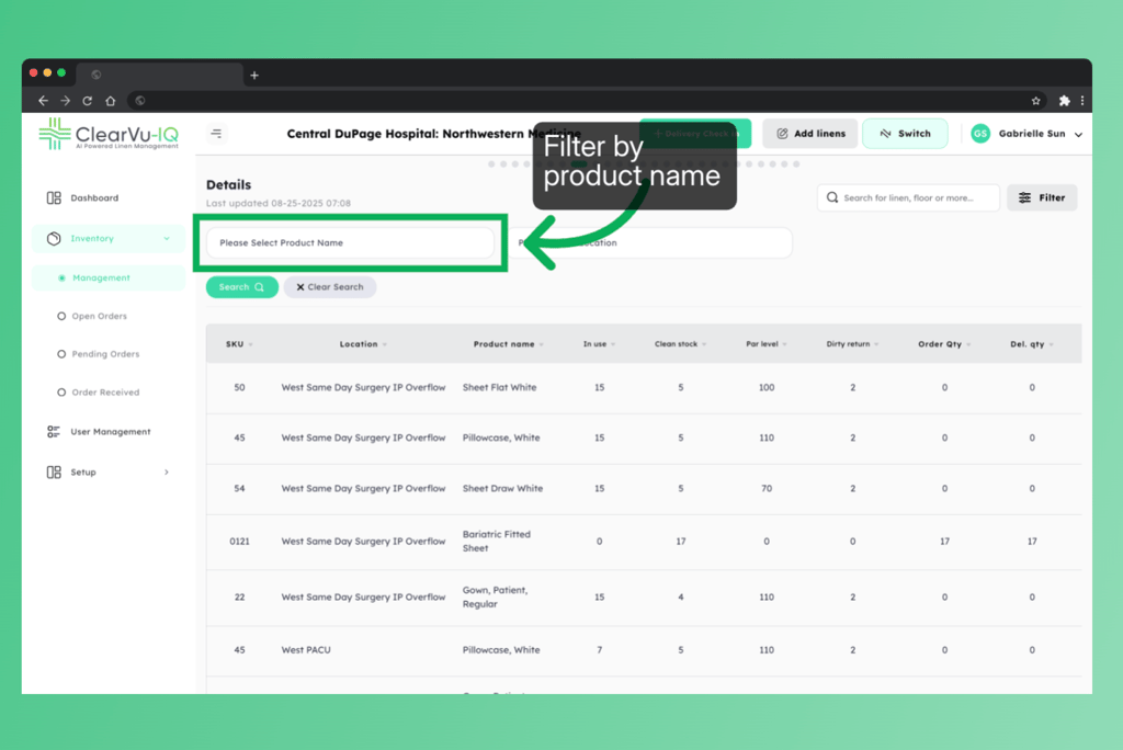 ClearVu tutorial filtering inventory by product name