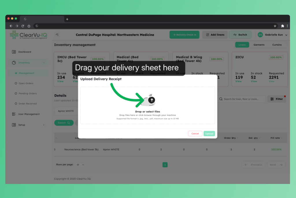 ClearVu tutorial showing how to upload a delivery sheet